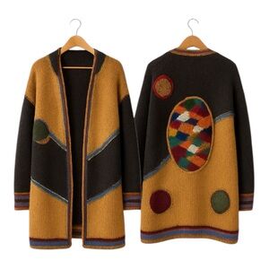 Vintage Abstract Handmade Knit Cardigan Longline Open Front Artsy Sweater Coat